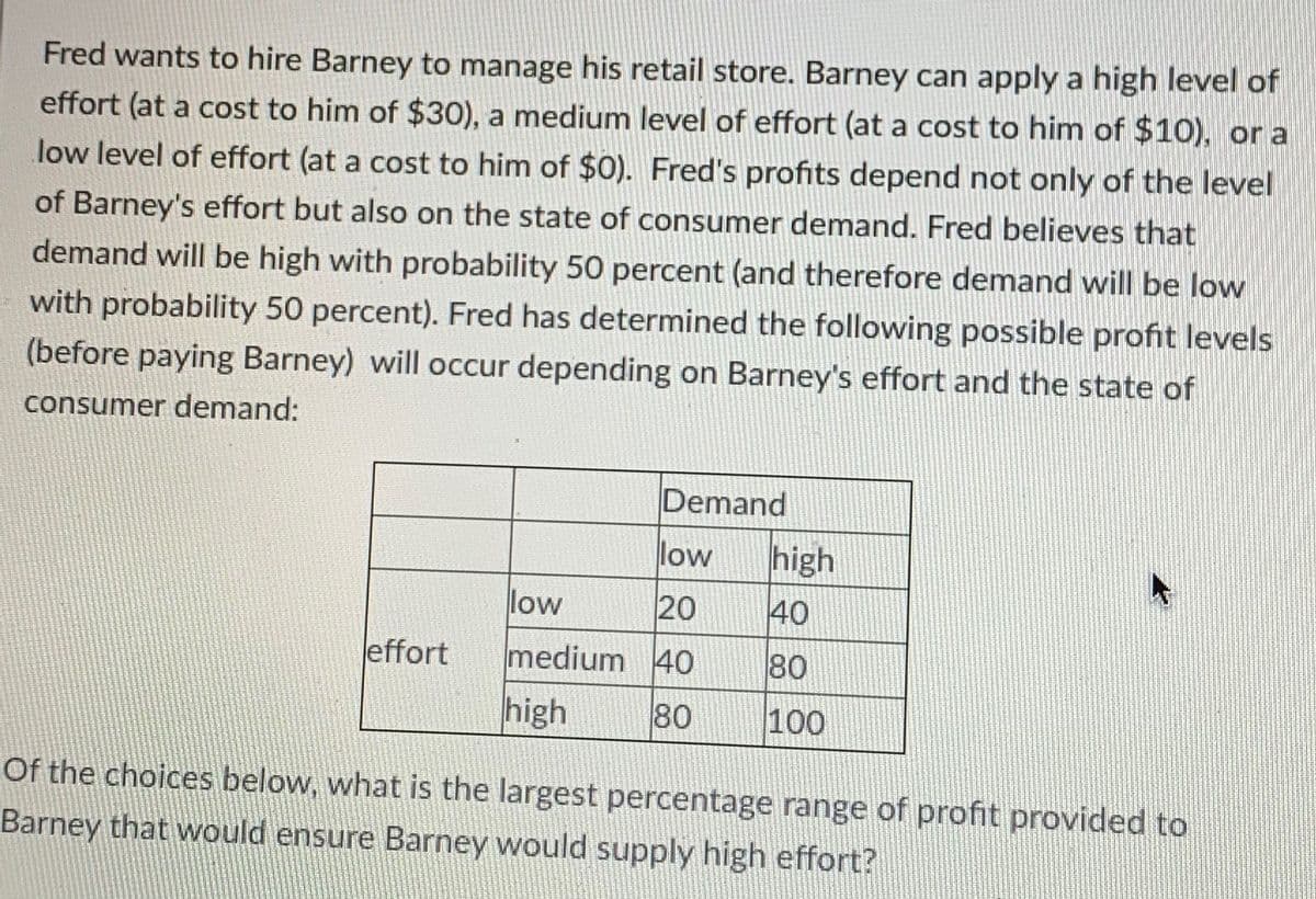 Fred wants to hire Barney to manage his retail store. Barney can apply a high level of
effort (at a cost to him of $30), a medium level of effort (at a cost to him of $10), or a
low level of effort (at a cost to him of $0). Fred's profits depend not only of the level
of Barney's effort but also on the state of consumer demand. Fred believes that
demand will be high with probability 50 percent (and therefore demand will be low
with probability 50 percent). Fred has determined the following possible profit levels
(before paying Barney) will occur depending on Barney's effort and the state of
consumer demand:
Demand
low
high
low
20
40
effort
medium 40
80
high
80
100
Of the choices below, what is the largest percentage range of profit provided to
Barney that would ensure Barney would supply high effort?
