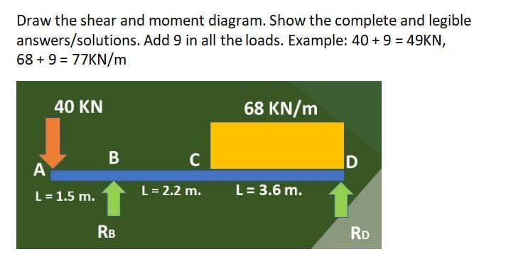 Draw the shear and moment diagram. Show the complete and legible
answers/solutions. Add 9 in all the loads. Example: 40 + 9 = 49KN,
68 + 9 = 77KN/m
40 KN
68 KN/m
B
C
D
A
L = 1.5 m.
L= 2.2 m.
L = 3.6 m.
RB
RD
