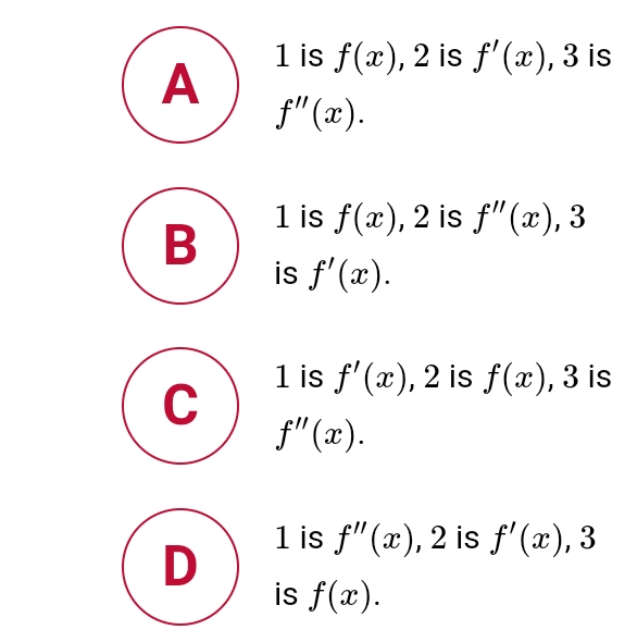 1 is f(x), 2 is f'(x), 3 is
A
f"(x).
1 is f(x), 2 is f"(x), 3
B
is f'(x).
1 is f'(x), 2 is f(x), 3 is
f"(x).
1 is f"(x), 2 is f'(x), 3
D
is f(x).
