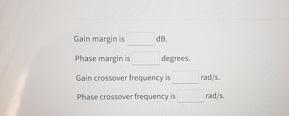 Gain margin is
dB.
Phase margin is
degrees.
Gain crossover frequency is
rad/s.
Phase crossover frequency is
rad/s.
