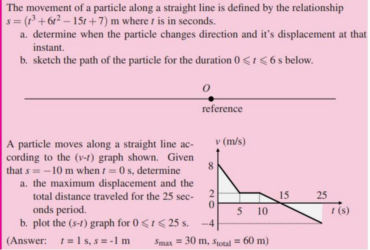 The movement of a particle along a straight line is defined by the relationship
s = (13 +612 – 15t +7) m where t is in seconds.
a. determine when the particle changes direction and it's displacement at that
instant.
b. sketch the path of the particle for the duration 0<t<6 s below.
reference
A particle moves along a straight line ac-
v (m/s)
cording to the (v-t) graph shown. Given
8
that s = -10 m when t = 0 s, determine
%3D
a. the maximum displacement and the
2
total distance traveled for the 25 sec-
15
25
onds period.
b. plot the (s-t) graph for 0<t<25 s. -4
(Answer: t= 1 s, s = -1 m
5
10
t (s)
Smax
= 30 m, stotal = 60 m)
%3D
