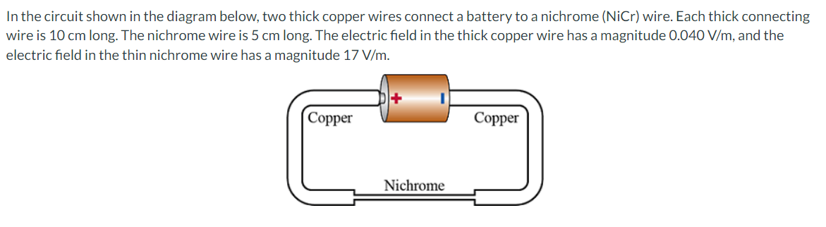 In the circuit shown in the diagram below, two thick copper wires connect a battery to a nichrome (NiCr) wire. Each thick connecting
wire is 10 cm long. The nichrome wire is 5 cm long. The electric field in the thick copper wire has a magnitude 0.040 V/m, and the
electric field in the thin nichrome wire has a magnitude 17 V/m.
Соpper
Сopper
Nichrome
