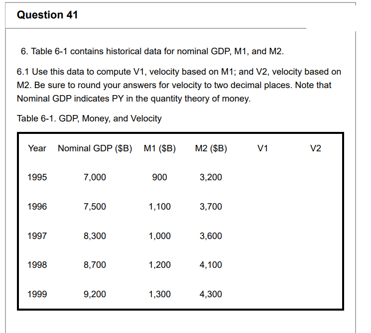 Question 41
6. Table 6-1 contains historical data for nominal GDP, M1, and M2.
6.1 Use this data to compute V1, velocity based on M1; and V2, velocity based on
M2. Be sure to round your answers for velocity to two decimal places. Note that
Nominal GDP indicates PY in the quantity theory of money.
Table 6-1. GDP, Money, and Velocity
Year Nominal GDP ($B) M1 ($B)
1995
1996
1997
1998
1999
7,000
7,500
8,300
8,700
9,200
900
1,100
1,000
1,200
1,300
M2 ($B)
3,200
3,700
3,600
4,100
4,300
V1
V2