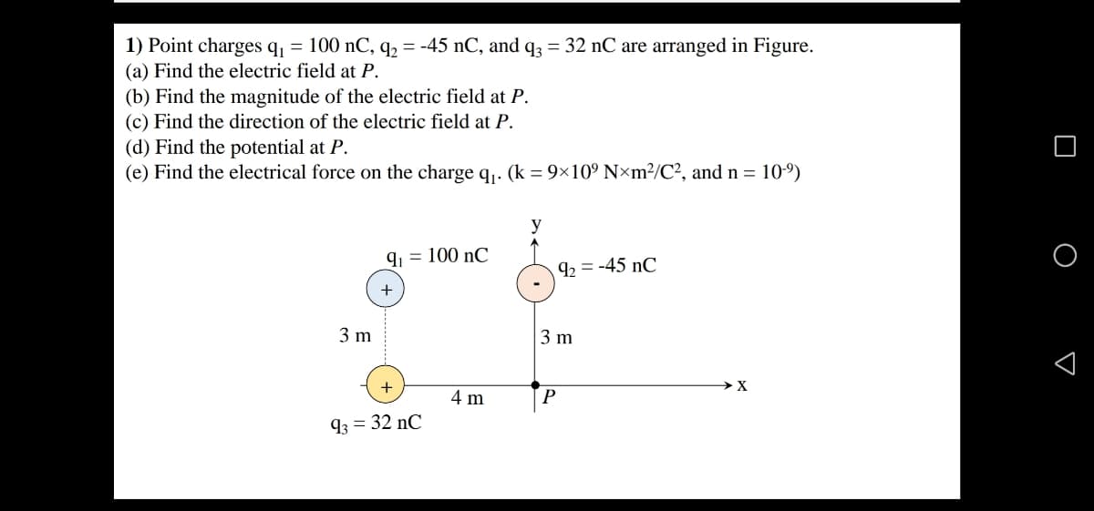 1) Point charges q = 100 nC, q2 = -45 nC, and q3 = 32 nC are arranged in Figure.
(a) Find the electric field at P.
(b) Find the magnitude of the electric field at P.
(c) Find the direction of the electric field at P.
(d) Find the potential at P.
(e) Find the electrical force on the charge q,. (k = 9×10° N×m²/C², and n = 10-9)
q = 100 nC
92 = -45 nC
+
3 m
3 m
X
4 m
P
93 = 32 nC
