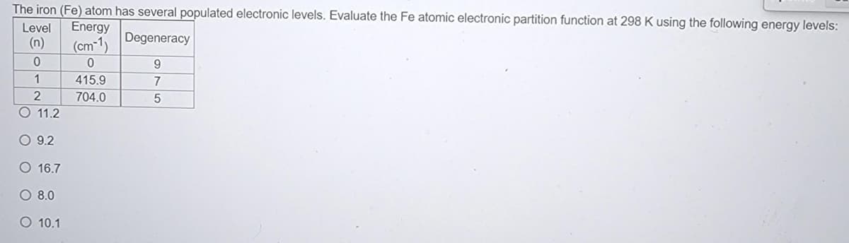 The iron (Fe) atom has several populated electronic levels. Evaluate the Fe atomic electronic partition function at 298 K using the following energy levels:
Energy
Level
(n)
Degeneracy
(cm-1)
9.
415.9
2
704.0
O 11.2
O 9.2
O 16.7
O 8.0
O 10.1

