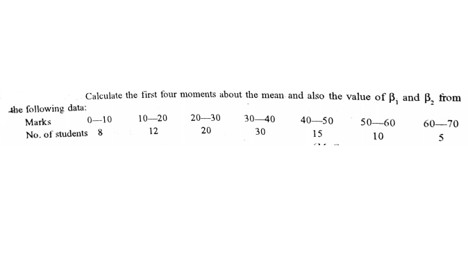 Calculate the first four moments about the mean and also the value of B, and B, from
the following data:
Marks
0-10
10-20
20–30
30-40
40-50
50–60
60-70
No. of students 8
12
20
30
15
10
5
