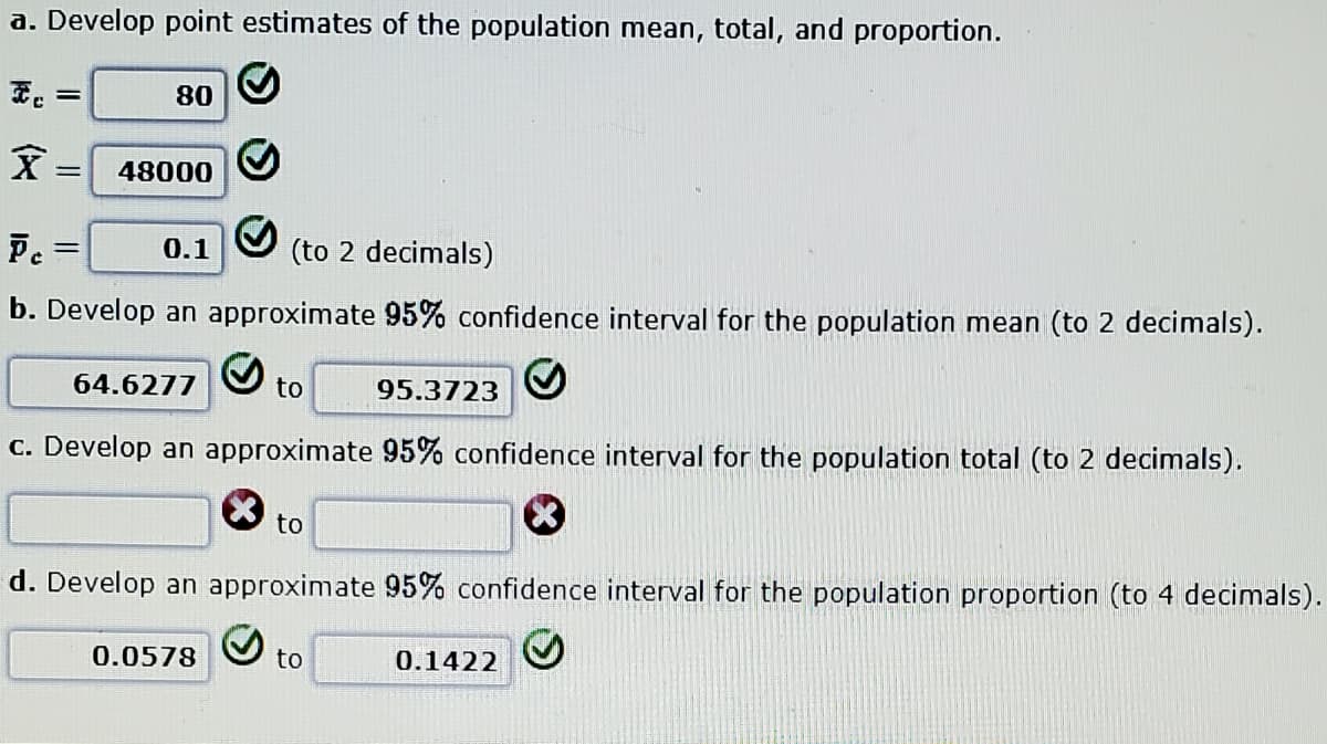 a. Develop point estimates of the population mean, total, and proportion.
08
文:
48000
Pc
0.1
(to 2 decimals)
b. Develop an approximate 95% confidence interval for the population mean (to 2 decimals).
64.6277
to
95.3723
c. Develop an approximate 95% confidence interval for the population total (to 2 decimals).
to
d. Develop an approximate 95% confidence interval for the population proportion (to 4 decimals).
0.0578
to
0.1422
||
