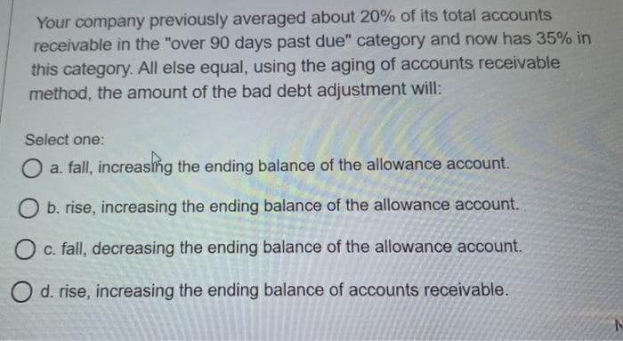 Your company previously averaged about 20% of its total accounts
receivable in the "over 90 days past due" category and now has 35% in
this category. All else equal, using the aging of accounts receivable
method, the amount of the bad debt adjustment will:
Select one:
O a. fall, increasng the ending balance of the allowance account.
b. rise, increasing the ending balance of the allowance account.
c. fall, decreasing the ending balance of the allowance account.
d. rise, increasing the ending balance of accounts receivable.
