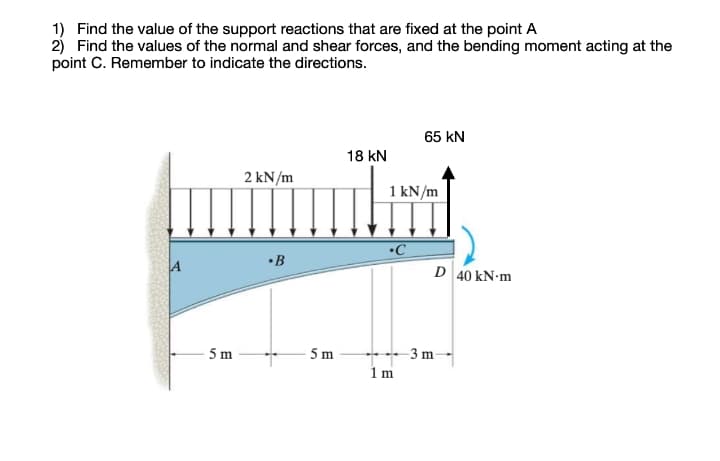 1) Find the value of the support reactions that are fixed at the point A
2) Find the values of the normal and shear forces, and the bending moment acting at the
point C. Remember to indicate the directions.
65 kN
18 kN
2 kN/m
1 kN/m
•B
A
D 40 kN-m
- 5 m
- 5 m
3 m
1 m
