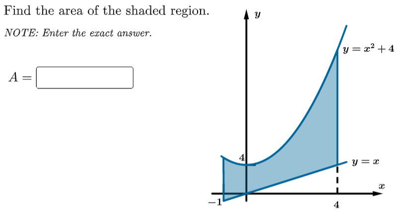 Find the area of the shaded region.
NOTE: Enter the exact answer.
y = x2 + 4
A =
4
y = x
4
-

