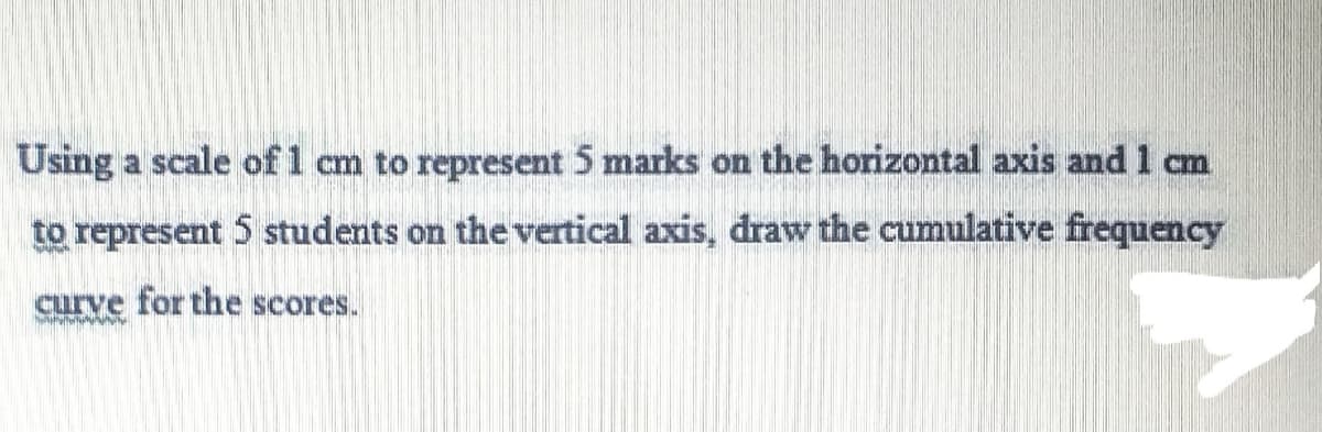 Using a scale of 1 cm to represent 5 marks on the horizontal axis and 1 cm
to represent 5 students on the vertical axis, draw the cumulative frequency
curve for the scores.
