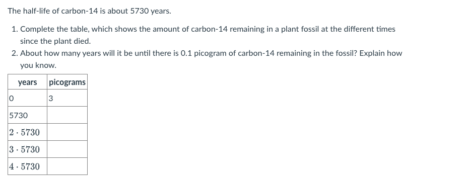 The half-life of carbon-14 is about 5730 years.
1. Complete the table, which shows the amount of carbon-14 remaining in a plant fossil at the different times
since the plant died.
2. About how many years will it be until there is 0.1 picogram of carbon-14 remaining in the fossil? Explain how
you know.
years picograms
3
5730
2.5730
3. 5730
4. 5730
