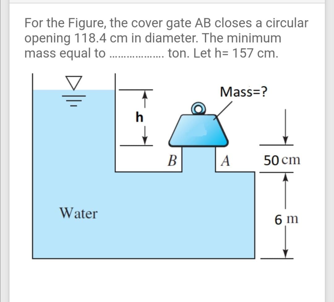 For the Figure, the cover gate AB closes a circular
opening 118.4 cm in diameter. The minimum
mass equal to
. ton. Let h= 157 cm.
Mass=?
A
50 cm
Water
6 m
