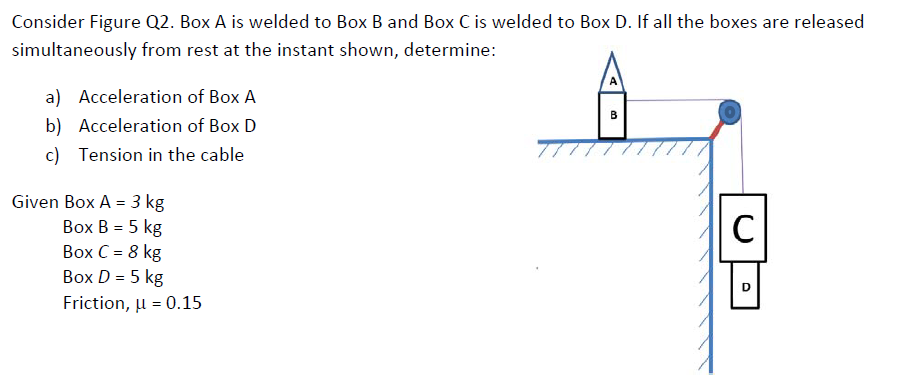 Consider Figure Q2. Box A is welded to Box B and Box C is welded to Box D. If all the boxes are released
simultaneously from rest at the instant shown, determine:
a) Acceleration of Box A
в
b) Acceleration of Box D
c) Tension in the cable
Given Box A = 3 kg
Вох В - 5 kg
Вох С - 8 kg
Box D = 5 kg
C
Friction, µ = 0.15
