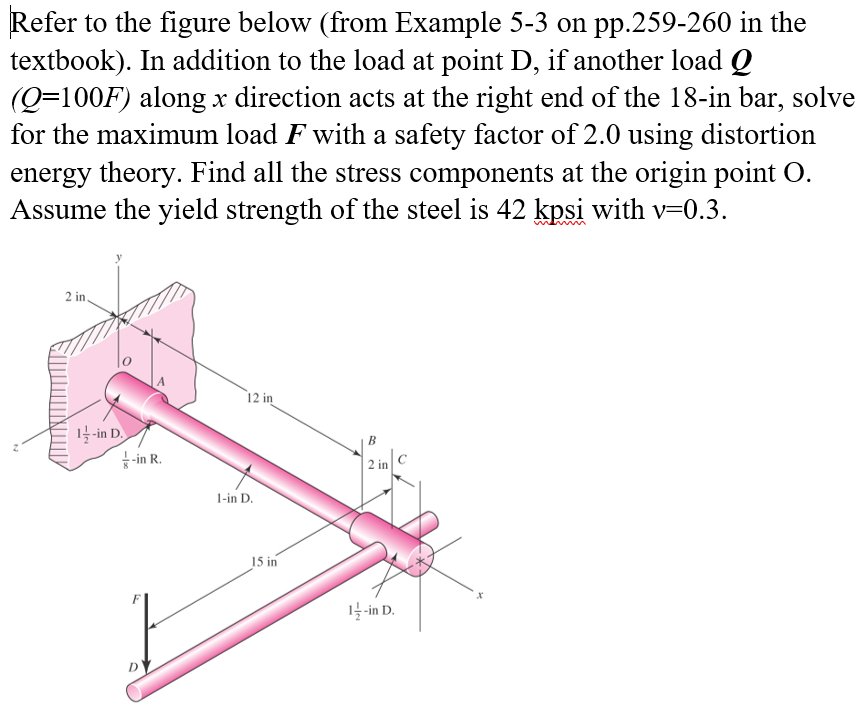 Refer to the figure below (from Example 5-3 on pp.259-260 in the
textbook). In addition to the load at point D, if another load Q
(Q=100F) along x direction acts at the right end of the 18-in bar, solve
for the maximum load F with a safety factor of 2.0 using distortion
energy theory. Find all the stress components at the origin point O.
Assume the yield strength of the steel is 42 kpsi with v=0.3.
2 in
12 in
글-in D.
-in R.
B
2 in
1-in D.
15 in
1-in D.
