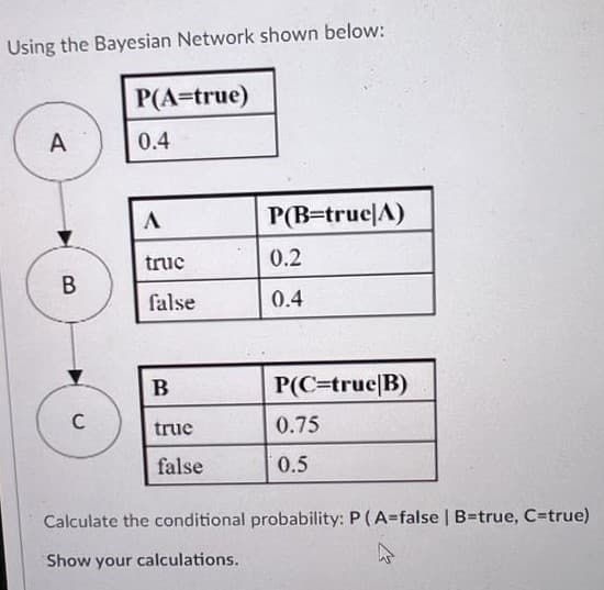 Using the Bayesian Network shown below:
P(A=true)
A
0.4
P(B=true|A)
truc
0.2
В
false
0.4
P(C=true|B)
true
0.75
false
0.5
Calculate the conditional probability: P (A=false | B=true, C=true)
Show your calculations.
