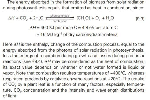 The energy absorbed in the formation of biomass from solar radiation
during photosynthesis equals that emitted as heat in combustion, since:
photosynthesis
AH + CO, + 2H,0
[CH,O] + O, + H,0
(9.3)
combustion
AH= 460 KJ per mole C = 4.8 eV per atom C
= 16 MJ kg-' of dry carbohydrate material
Here AH is the enthalpy change of the combustion process, equal to the
energy absorbed from the photons of solar radiation in photosynthesis,
less the energy of respiration during growth and losses during precursor
reactions (see §9.4). AH may be considered as the heat of combustion;
its exact value depends on whether or not water formed is liquid or
vapor. Note that combustion requires temperatures of ~400°C, whereas
respiration proceeds by catalytic enzyme reactions at -20°C. The uptake
of CO, by a plant leaf is a function of many factors, especially tempera-
ture, CO, concentration and the intensity and wavelength distributions
of light.
