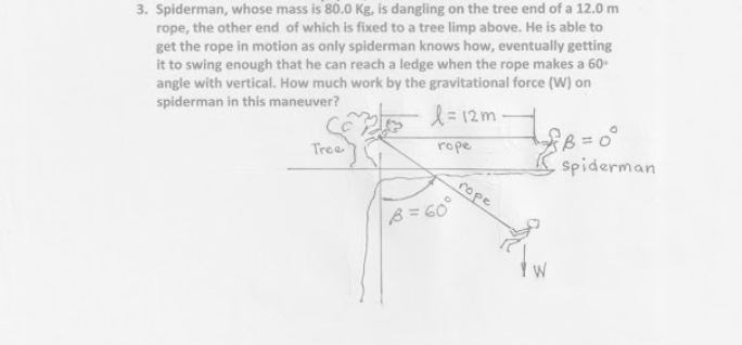 3. Spiderman, whose mass is 80.0 Kg, is dangling on the tree end of a 12.0 m
rope, the other end of which is fixed to a tree limp above. He is able to
get the rope in motion as only spiderman knows how, eventually getting
it to swing enough that he can reach a ledge when the rope makes a 60-
angle with vertical. How much work by the gravitational force (W) on
spiderman in this maneuver?
l=12m.
Tree
rope
Spiderman
rope
B=60°
