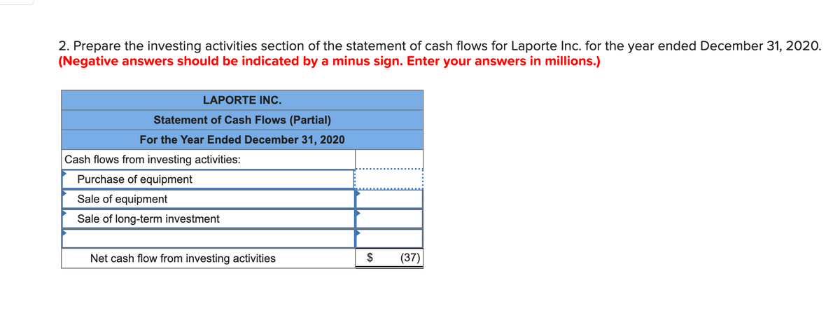 2. Prepare the investing activities section of the statement of cash flows for Laporte Inc. for the year ended December 31, 2020.
(Negative answers should be indicated by a minus sign. Enter your answers in millions.)
LAPORTE INC.
Statement of Cash Flows (Partial)
For the Year Ended December 31, 2020
Cash flows from investing activities:
Purchase of equipment
Sale of equipment
Sale of long-term investment
Net cash flow from investing activities
$
(37)