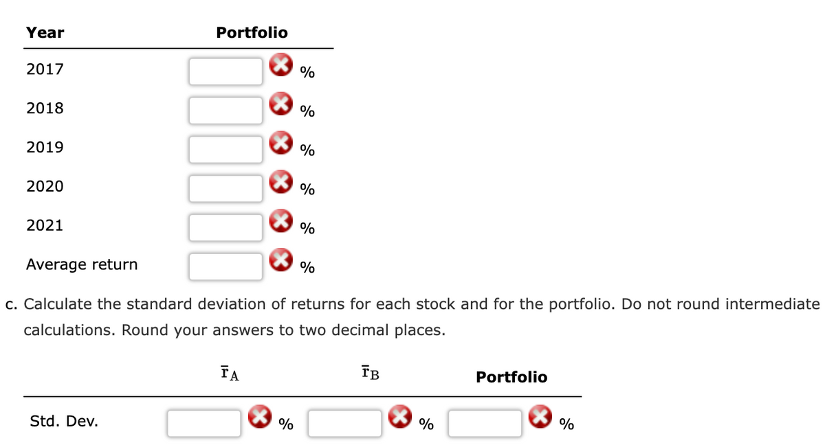Year
Portfolio
2017
%
2018
%
2019
%
2020
%
2021
%
Average return
%
c. Calculate the standard deviation of returns for each stock and for the portfolio. Do not round intermediate
calculations. Round your answers to two decimal places.
TA
TB
Portfolio
Std. Dev.
%
%
