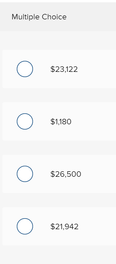 Multiple Choice
$23,122
$1,180
$26,500
$21,942
