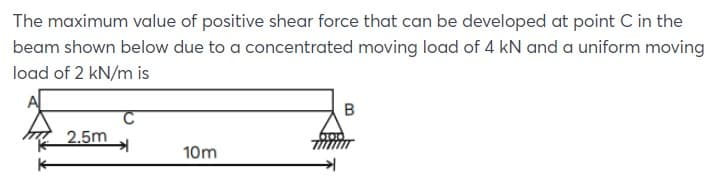 The maximum value of positive shear force that can be developed at point C in the
beam shown below due to a concentrated moving load of 4 kN and a uniform moving
load of 2 kN/m is
A
B
2.5m
10m
