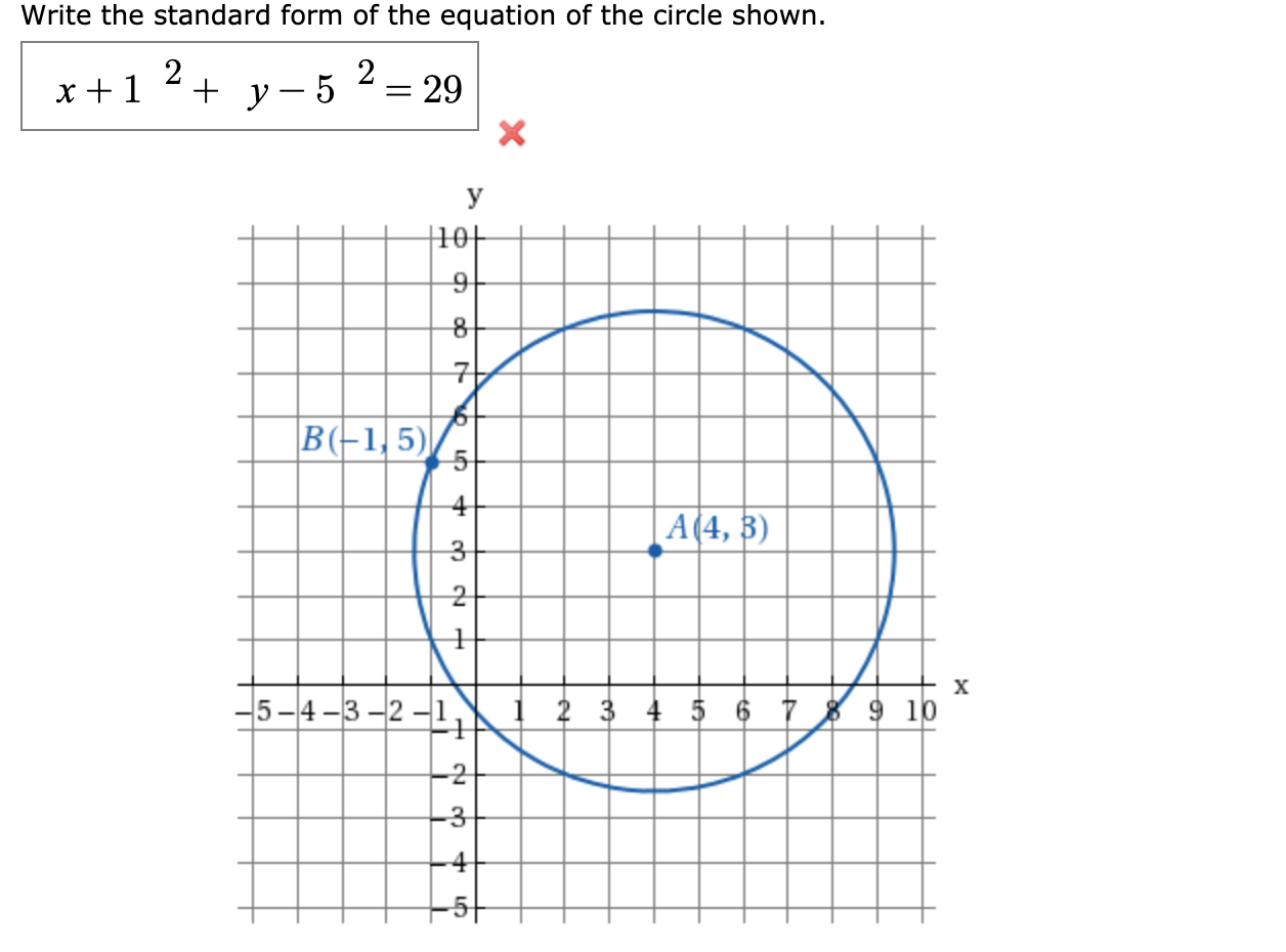 Write the standard form of the equation of the circle shown.
x+1 + y– 5
= 29
У
|10-
B(-1,5)
5-
A(4, 3)
х
5-4 -3 -2 -1,
2 3 4 5 6 7 $ 9 10
-2
-3-
-4
