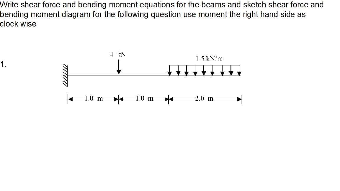 Write shear force and bending moment equations for the beams and sketch shear force and
bending moment diagram for the following question use moment the right hand side as
clock wise
+ kN
1,5 kN/m
1.
-1.0 m-
-1.0 m-
2.0m-
