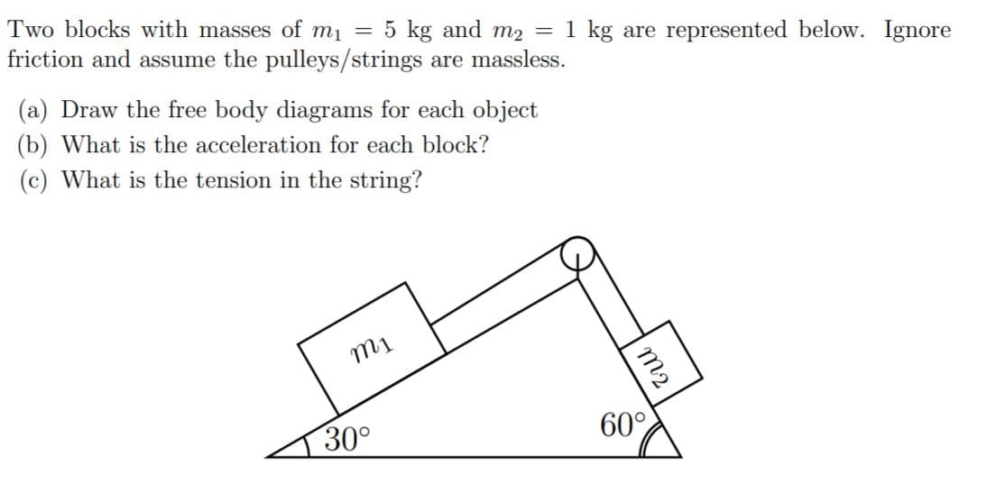 Two blocks with masses of m1 = 5 kg and m2 =
friction and assume the pulleys/strings are massless.
1 kg are represented below. Ignore
(a) Draw the free body diagrams for each object
(b) What is the acceleration for each block?
(c) What is the tension in the string?
m1
30°
60°
m2
