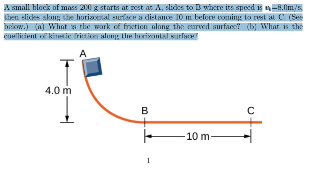 A small block of mass 200 g starts at rest at A, slides to B where its speed is v=8.0m/s,
then slides along the horizontal surface a distance 10 m before coming to rest at C. (See
below.) (a) What is the work of friction along the curved surface? (b) What is the
coefficient of kinetic friction along the horizontal surface?
A
4.0 m
B
10 m-
1
