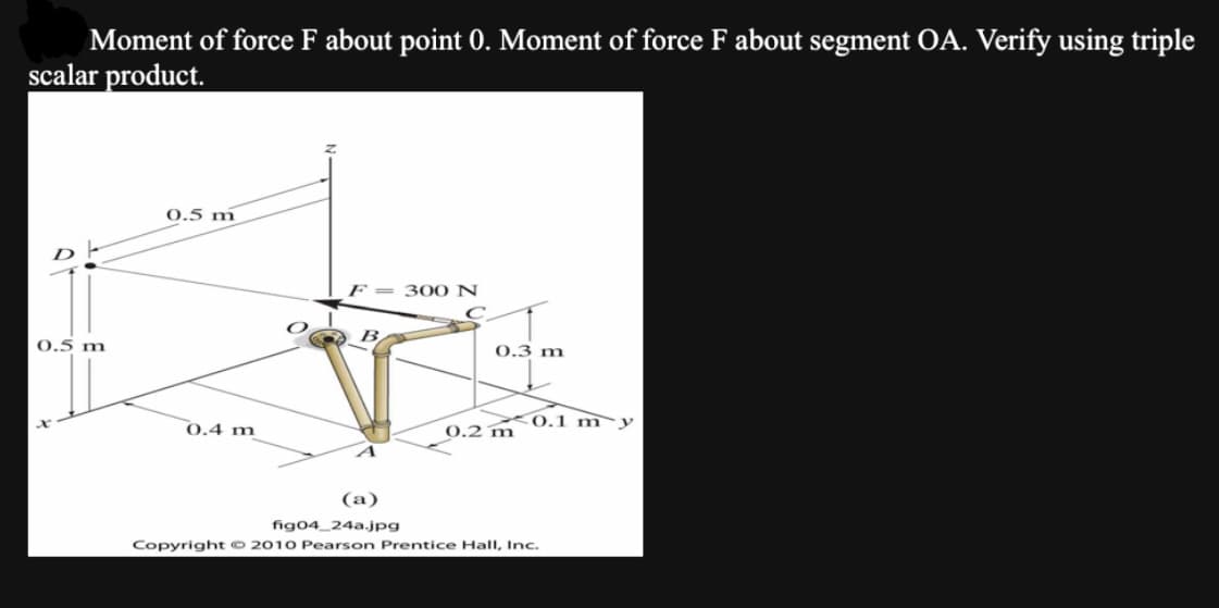 Moment of force F about point 0. Moment of force F about segment OA. Verify using triple
scalar product.
0.5 m
0.5 m
0.4 m
F = 300 N
0.3 m
0.2 m
0.1 my
(a)
fig04_24a.jpg
Copyright © 2010 Pearson Prentice Hall, Inc.