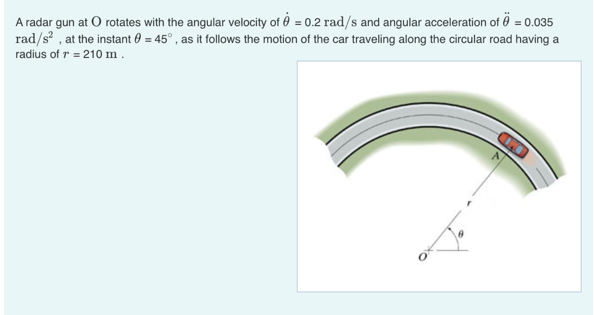 A radar gun at O rotates with the angular velocity of 0 = 0.2 rad/s and angular acceleration of 0
rad/s , at the instant 0 = 45° , as it follows the motion of the car traveling along the circular road having a
= 0.035
radius of r = 210 m .
