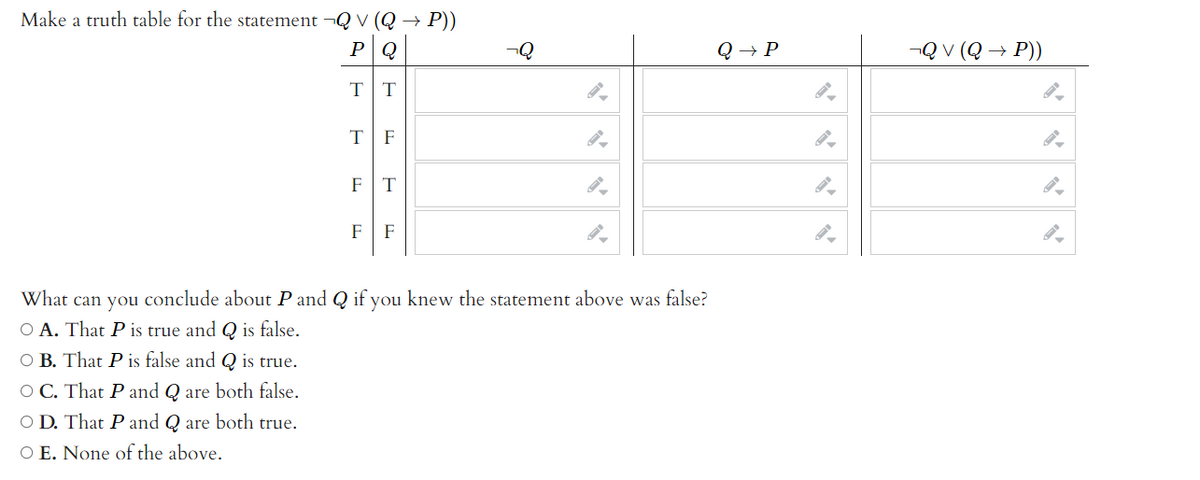 Make a truth table for the statement ¬Q V (Q → P))
P Q
Q → P
-Q V (Q → P))
TT
F
FT
F
F
What can you conclude about P and Q if you knew the statement above was false?
O A. That P is true and Q is false.
O B. That P is false and Q is true.
O C. That P and Q are both false.
O D. That P and Q are both true.
O E. None of the above.
