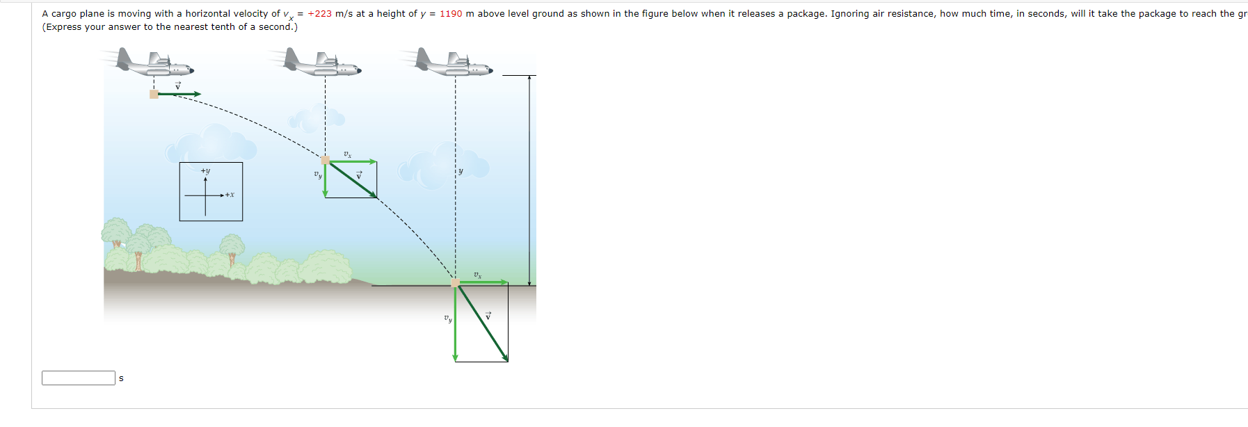 A cargo plane is moving with a horizontal velocity of v. = +223 m/s at a height of y = 1190 m above level ground as shown in the figure below when it releases a package. Ignoring air resistance, how much time, in seconds, will it take the package to reach the g
(Express your answer to the nearest tenth of a second.)
