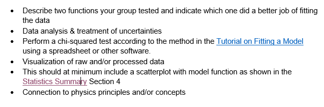 Describe two functions your group tested and indicate which one did a better job of fitting
the data
Data analysis & treatment of uncertainties
Perform a chi-squared test according to the method in the Tutorial on Fitting a Model
using a spreadsheet or other software.
• Visualization of raw and/or processed data
This should at minimum include a scatterplot with model function as shown in the
Statistics Summahy Section 4
Connection to physics principles and/or concepts
