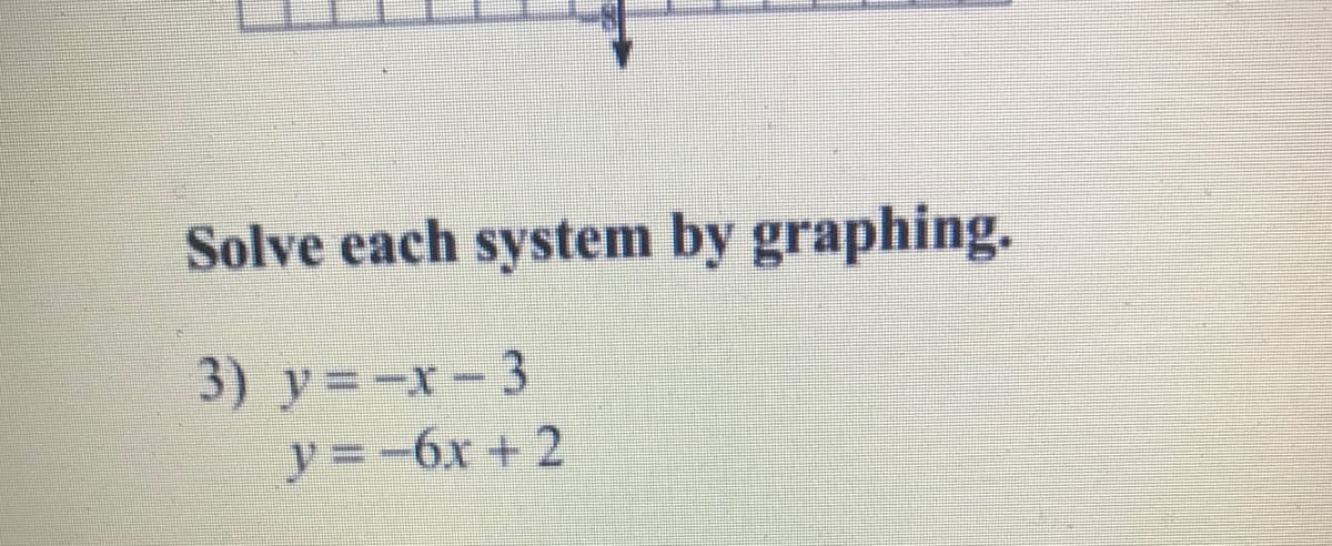 Solve each system by graphing.
3) y=-x-3
y =-6x + 2
