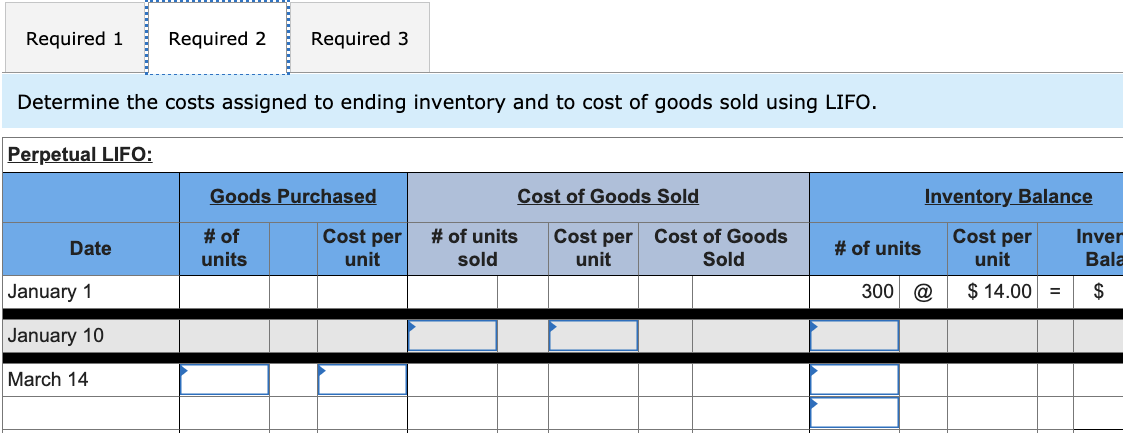 Required 1
Required 2
Required 3
Determine the costs assigned to ending inventory and to cost of goods sold using LIFO.
Perpetual LIFO:
Goods Purchased
Cost of Goods Sold
Inventory Balance
# of
Cost per
# of units
Cost per Cost of Goods
unit
Cost per
Inver
Date
# of units
units
unit
sold
Sold
unit
Bala
January 1
300
@
$ 14.00 =
$
January 10
March 14
