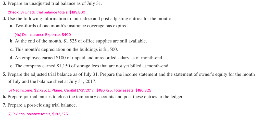 3. Prepare an unadjusted trial balance as of July 31.
Check (3) Unadj. trial balance totals, $189,800
4. Use the following information to journalize and post adjusting entries for the month:
a. Two-thirds of one month's insurance coverage has expired.
(4a) Dr. Insurance Expense, $400
b. At the end of the month, $1,525 of office supplies are still available.
c. This month's depreciation on the buildings is $1,500.
d. An employee earned $100 of unpaid and unrecorded salary as of month-end.
e. The company earned $1,150 of storage fees that are not yet billed at month-end.
5. Prepare the adjusted trial balance as of July 31. Prepare the income statement and the statement of owner's equity for the month
of July and the balance sheet at July 31, 2017.
(5) Net income, $2,725; L. Plume, Capital (7/31/2017), $180,725; Total assets, $180,825
6. Prepare journal entries to close the temporary accounts and post these entries to the ledger.
7. Prepare a post-closing trial balance.
(7) P-C trial balance totals, $182,325
