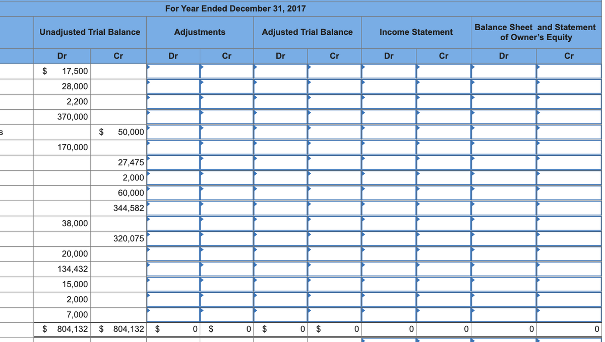 For Year Ended December 31, 2017
Balance Sheet and Statement
Unadjusted Trial Balance
Adjustments
Adjusted Trial Balance
Income Statement
of Owner's Equity
Dr
Cr
Dr
Cr
Dr
Cr
Dr
Cr
Dr
Cr
$
17,500
28,000
2,200
370,000
$
50,000
170,000
27,475
2,000
60,000
344,582
38,000
320,075
20,000
134,432
15,000
2,000
7,000
$ 804,132
$ 804,132 $
2$
2$
