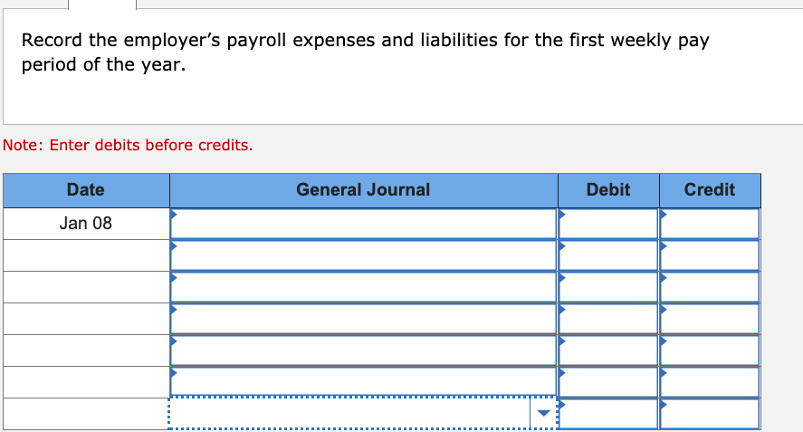 Record the employer's payroll expenses and liabilities for the first weekly pay
period of the year.
Note: Enter debits before credits.
Date
General Journal
Debit
Credit
Jan 08
