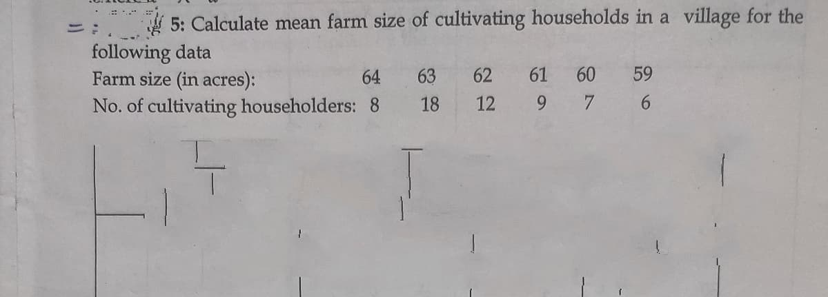 5: Calculate mean farm size of cultivating households in a village for the
following data
Farm size (in acres):
No. of cultivating householders: 8
: ..*
64
63
62
61
60
59
18
12
9 7 6

