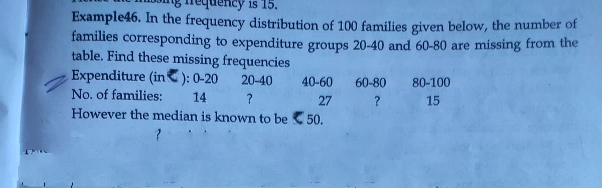 ency is 15.
Example46. In the frequency distribution of 100 families given below, the number of
families corresponding to expenditure groups 20-40 and 60-80 are missing from the
table. Find these missing frequencies
Expenditure (in): 0-20
20-40
40-60
60-80
80-100
No. of families:
14
27
However the median is known to be 50.
15
