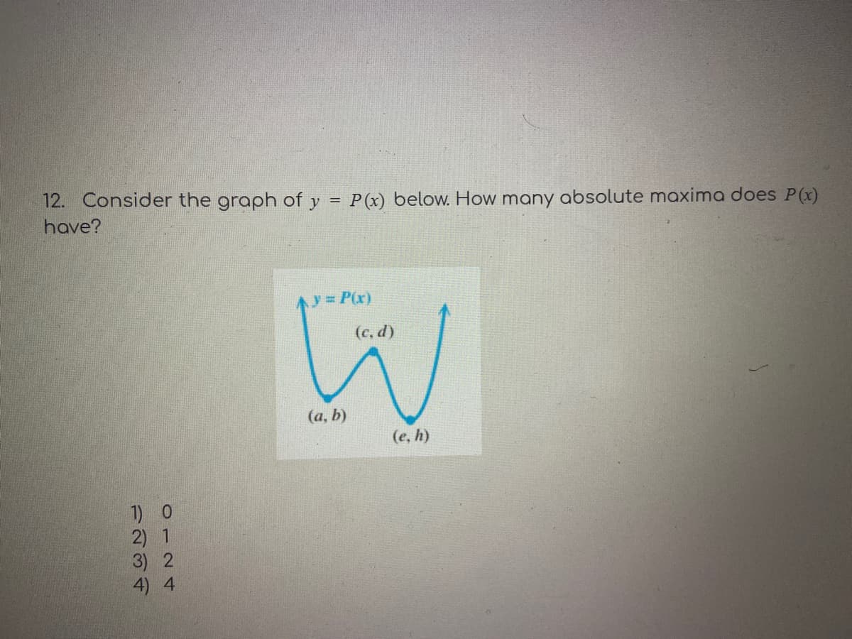 12. Consider the graph of y = P(x) below. How many absolute maxima does P (x)
have?
Ay= P(x)
(c, d)
(а, b)
(e, h)
1) 0
2) 1
3) 2
4) 4
