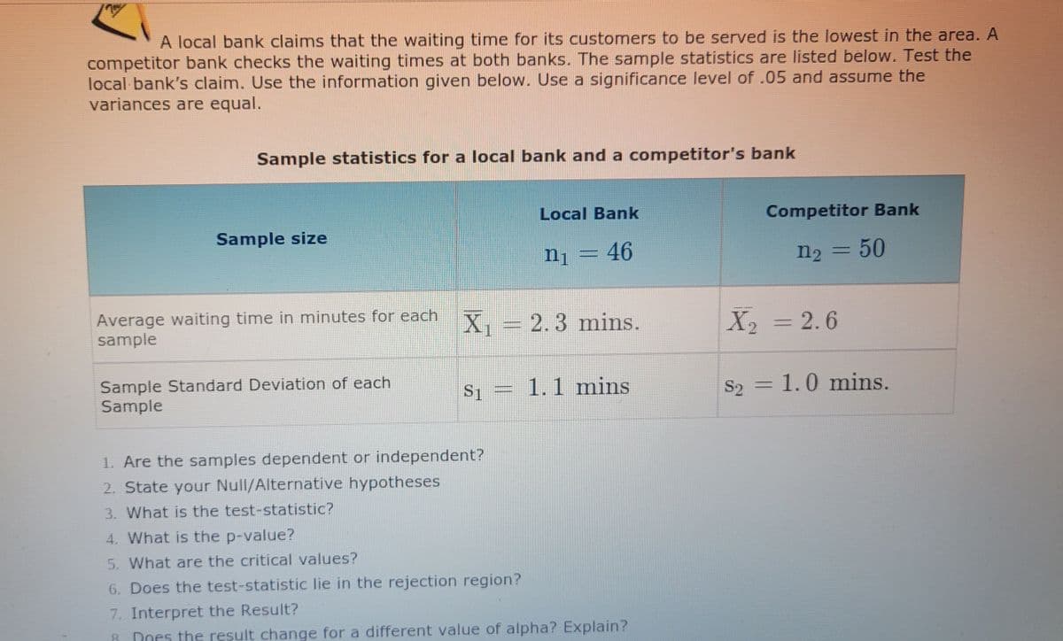 A local bank claims that the waiting time for its customers to be served is the lowest in the area. A
competitor bank checks the waiting times at both banks. The sample statistics are listed below. Test the
local bank's claim. Use the information given below. Use a significance level of .05 and assume the
variances are equal.
Sample statistics for a local bank and a competitor's bank
Local Bank
Competitor Bank
Sample size
n1 = 46
n2 = 50
Average waiting time in minutes for each
sample
X, = 2.3 mins.
X2 = 2.6
Sample Standard Deviation of each
Sample
= 1.1 mins
1.0 mins.
S1
S2
1. Are the samples dependent or independent?
2. State your Null/Alternative hypotheses
3. What is the test-statistic?
4. What is the p-value?
5. What are the critical values?
6. Does the test-statistic lie in the rejection region?
7. Interpret the Result?
Does the result change for a different value of alpha? Explain?
