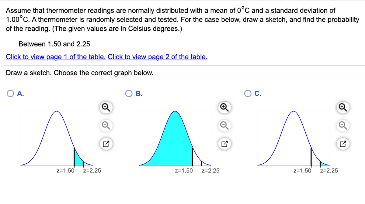 Assume that thermometer readings are normally distributed with a mean of 0°C and a standard deviation of
1.00°C. A thermometer is randomly selected and tested. For the case below, draw a sketch, and find the probability
of the reading. (The given values are in Celsius degrees.)
Between 1.50 and 2.25
Click to view_page 1 of the table. Click to view page 2 of the table.
Draw a sketch. Choose the correct graph below.
O A.
В.
C.
z=1.50
z=2.25
z=1.50
z=2.25
z=1.50
z=2.25
