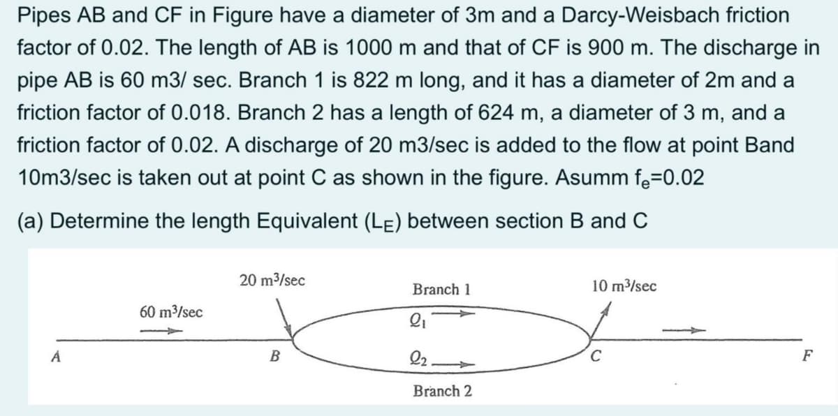 Pipes AB and CF in Figure have a diameter of 3m and a Darcy-Weisbach friction
factor of 0.02. The length of AB is 1000 m and that of CF is 900 m. The discharge in
pipe AB is 60 m3/ sec. Branch 1 is 822 m long, and it has a diameter of 2m and a
friction factor of 0.018. Branch 2 has a length of 624 m, a diameter of 3 m, and a
friction factor of 0.02. A discharge of 20 m3/sec is added to the flow at point Band
10m3/sec is taken out at point C as shown in the figure. Asumm fe=0.02
(a) Determine the length Equivalent (LE) between section B and C
А
60 m³/sec
20 m³/sec
B
Branch 1
2₁
22
Branch 2
10 m³/sec
C
F
