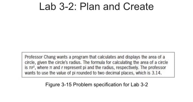 Lab 3-2: Plan and Create
Professor Chang wants a program that calculates and displays the area of a
circle, given the circle's radius. The formula for calculating the area of a circle
İS Tr, where n and r represent pi and the radius, respectively. The professor
wants to use the value of pi rounded to two decimal places, which is 3.14.
Figure 3-15 Problem specification for Lab 3-2
