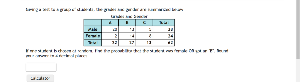 Giving a test to a group of students, the grades and gender are summarized below
Grades and Gender
B
с
Male
Female
Total
Calculator
A
20
2
22
13
14
27
5
8
13
Total
38
24
62
If one student is chosen at random, find the probability that the student was female OR got an "B". Round
your answer to 4 decimal places.