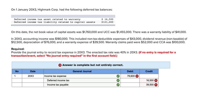 On 1 January 20X3, Highmark Corp. had the following deferred tax balances:
Deferred income tax asset related to warranty
Deferred income tax liability related to capital assets
$ 16,500
$121,000
On this date, the net book value of capital assets was $1,760,000 and UCC was $1,455,000. There was a warranty liability of $41,000.
In 20X3, accounting income was $180,000. This included non-tax-deductible expenses of $43,000, dividend revenue (non-taxable) of
$12,500, depreciation of $76,000, and a warranty expense of $39,500. Warranty claims paid were $52,000 and CCA was $100,000.
Required:
Provide the journal entry to record tax expense in 20X3. The enacted tax rate was 40% in 20X3. (If no entry is required for a
transaction/event, select "No journal entry required" in the first account field.)
Answer is complete but not entirely correct.
No
Date
General Journal
Debit
Credit
1
20X3
Income tax expense
79,600 8
Deferred income tax
16,500 O
Income tax payable
39,500 8
