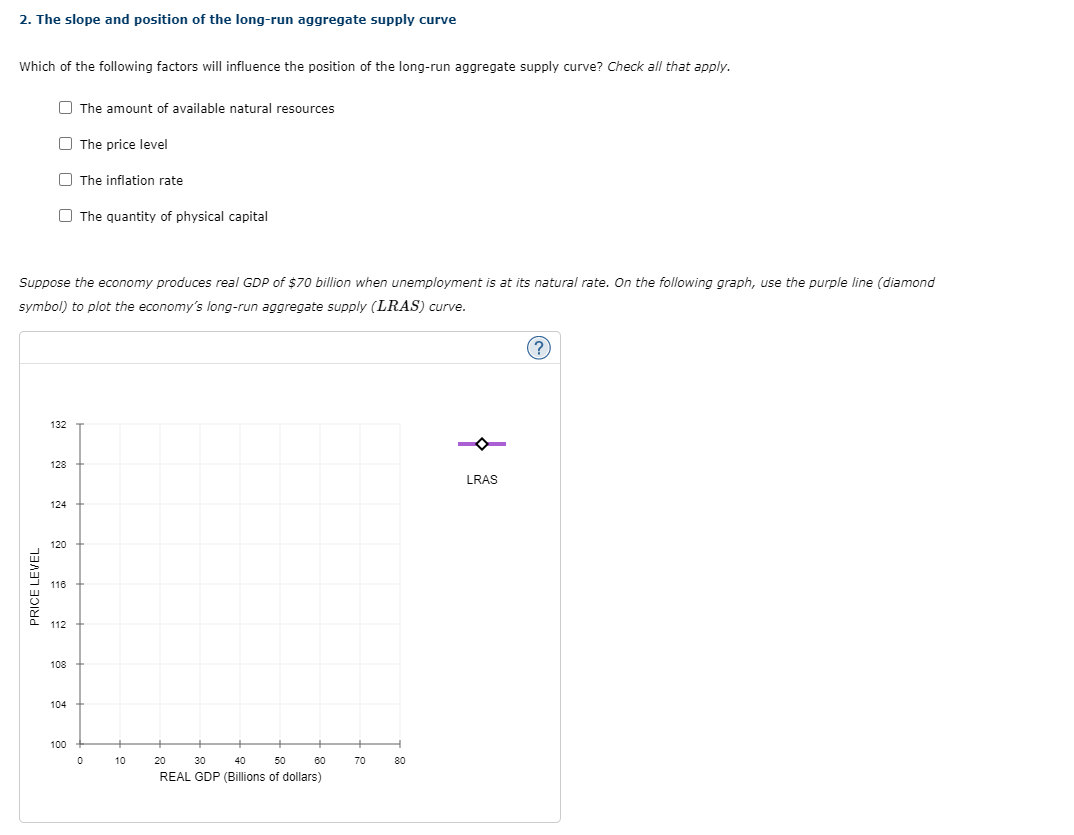 2. The slope and position of the long-run aggregate supply curve
Which of the following factors will influence the position of the long-run aggregate supply curve? Check all that apply.
O The amount of available natural resources
O The price level
O The inflation rate
O The quantity of physical capital
Suppose the economy produces real GDP of $70 billion when unemployment is at its natural rate. On the following graph, use the purple line (diamond
symbol) to plot the economy's long-run aggregate supply (LRAS) curve.
132
128
LRAS
124
120
116
112
108
104
100
50
60
REAL GDP (Billions of dollars)
10
20
30
40
70
80
PRICE LEVEL
